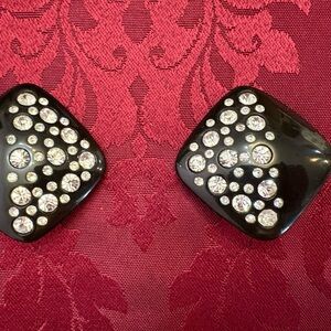 Vtg. Black Lucite Square diamond shape Rhinestone Statement Clip on Earrings.
